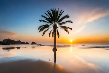Canvas Print - Scenic view of palm tree with sea at sunset