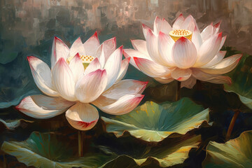 Wall Mural - Two Lotus Flower. Pink Water Lilies in the lake or pond, aart, oil painting