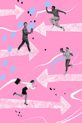 Poster - Collage image of cheerful black white colors people team working improving skills growing arrow upwards isolated on creative background