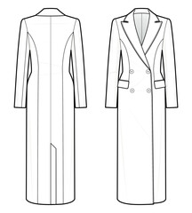 Wall Mural - Classic Double-Breasted coat fashion flat technical drawing template. Double-Breasted coat vector template illustration. front and back view. white colour. CAD mockup.