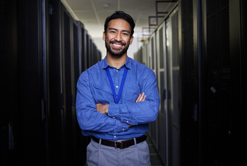 Server room, portrait or happy man for online cybersecurity glitch, machine or servers system. IT support, smile or proud engineer fixing network for information technology solution in data center