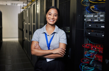 Wall Mural - Server room, portrait or happy woman technician for online cybersecurity update or machine system. IT support data center, smile or proud engineer fixing network for information technology solution