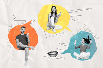 Poster - Artwork collage image of black white effect mini people inside dialogue bubble chatting use smart phone talking mouth isolated on drawing background