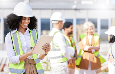 Sticker - Tablet, architecture and a black woman construction worker on a building site with her team in the city. Technology, planning and safety with a female designer reading a blueprint on the internet