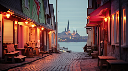 Sticker - Old cathedral in the distance viewed from the cobblestoned street created with Generative AI technology