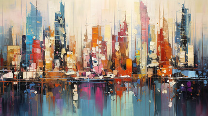 Watercolor painting of abstract cityscape, urban, people, and skyscraper scenes. Digital art illustration. 