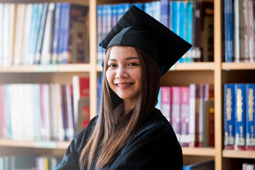 Wall Mural - Portrait young happy and excited Asian woman university graduate in graduation gown and cap in the library. Education stock photo