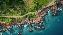 Generative AI, Aerial View Of Curved Asphalt Road Near The Ocean Or Sea, Coastline