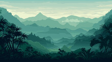 Vector Illustration Of Horizontal Panorama Tropical Rainforest In Silhouette Style With Trees And Mountains, Jungle Concept