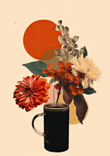 Minimalistic Collage Of Coffee In Autumn. A Retro Cup With Drink, Flowers And Red Planet In Monotone Gray Background. Surreal Collage-style Paintings