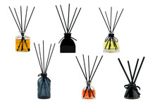 Luxury Aroma Scent Reed Diffuser Glass Bottles Are On The White Background They Are Many Colour , Black , Blue , Yellow , Orange And  Red Which Creat Relax Aroma Ambient In The Room ( Clipping Path )