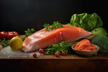 Wall Mural - raw Salmon slice on rustic background, AI Generated