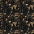 Gruesome Halloween seamless background pattern, pit of tormented souls, woodcut inspired