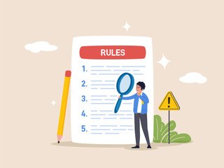 Company policy concept. Rules and regulations, corporate law and business ethics. Business person reading checklist of rules and regulation standards. Vector illustration in flat design.