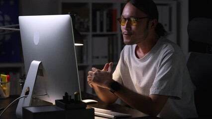 Aufkleber - Asian man graphic designer working on computer drawing sketches logo design. The concept of a new brand. Professional creative occupation with idea.