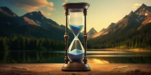 AI Generated. AI Generative. Time Watch Hourglass Sandglass Outdoor Nature Adventure Vacation Background Landscape. Inspirational Life Poster