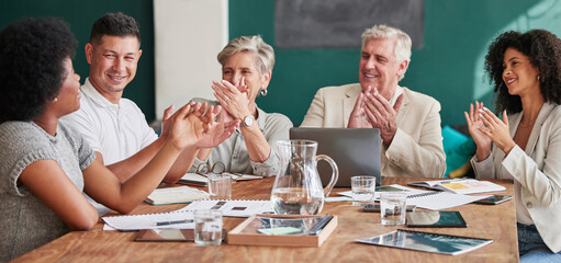 Aufkleber - Applause, business people and celebrate success in a meeting with pride and teamwork. Corporate men and women group clapping in office for growth, achievement and promotion or win with diversity