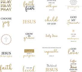 Wall Mural - Christian quotes, encouraging Bible Verses set, Biblical Scripture Bundle, religious sayings, black and beige text, child of God, faith, Jesus, pray, created with a purpose, vector illustration