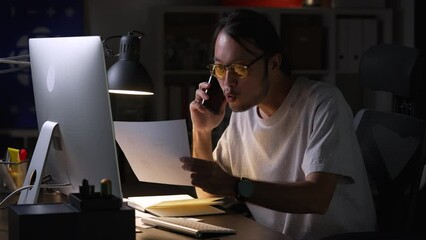 Aufkleber - Asian man graphic designer working on computer drawing sketches logo design. The concept of a new brand. Professional creative occupation with idea.