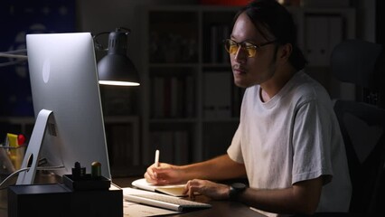 Aufkleber - Asian man graphic designer working on computer drawing sketches logo design. The concept of a new brand. Professional creative occupation with idea.