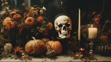 Generative AI, Halloween Background With Skull, Flowers And Feathers In Boho Style, Muted Neutral Colors, Home Decoration