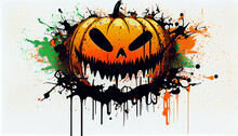 Graffiti Halloween Pumpkin With Funny Teeth And Paint Splashes In The Eyes White Background, In The Style Of Bold Lithographic, Drips And Splatters, Ai Generated Image