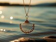 Un collier coquillage suspendu sur un fond d'océan avec des rayons de soleil filtrant à travers l'eau pour représenter la relation entre les colliers coquillages et la spiritualité océanique,