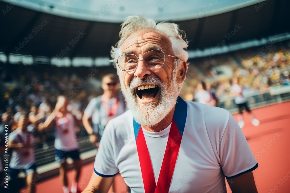 excited-old-male-athlete-winning-medal-on-race-track-with-other