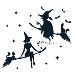 Silhouette of flying witch on broom in hat with cat isolated on white background.  Halloween background with young and old witches.