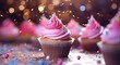 a cupcakes in a colorful frosting, beeper, sparkle core, pink, blue, pastel color, party and birthday, magical with bokeh background