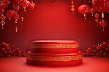 Wall Mural - Red podium with lantern chinese new year and gift box product stand podium background pedestal 3d