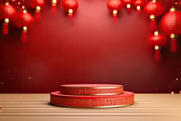 Wall Mural - Red podium with lantern chinese new year and gift box product stand podium background pedestal 3d