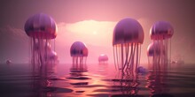 Pink Sunset Sea With Floating Spheres Floating Dreamy Glowing Jellyfish Reflection On Surface Water. Surrealism, Simultaneously An Aesthetic Of Sea Neon Waves. Long Horizontal Banner. Generative AI. 