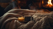 A cozy and warm composition with knitted blankets, fluffy socks, and steaming mugs of spiced cider, inviting you to snuggle up - Generative ai