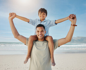 Poster - Portrait of father, child on shoulders and beach, smile together in summer waves on tropical island holiday in Hawaii. Fun, dad and boy on ocean vacation with love, support and relax with blue sky.