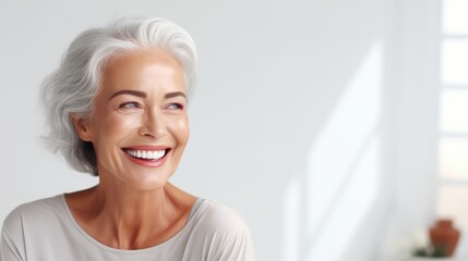 beautiful gorgeous 50s mid age beautiful elderly senior model woman with grey hair laughing and smil