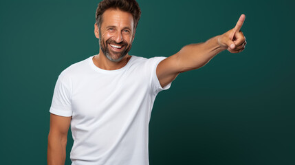 Wall Mural - Middle aged man wearing cwhite T-shirt pointing with hand and finger to the side looking at the camera.