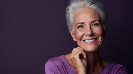 Wall Mural - Middle-aged woman laughs against a blue background.