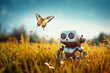 Little cute robot lost in a summer field on a beautiful day, discovering the earth and exploring nature with curiosity, being surprised by a butterfly