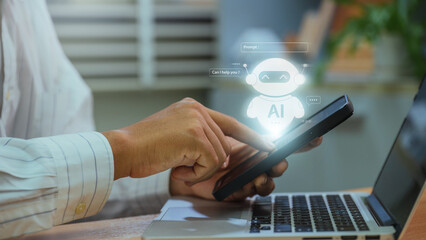 Leinwandbilder - Business chatting a smart AI using an artificial intelligence chatbot developed with AI robot. automatically respond online messages intelligent service to help customers.
