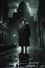 Person In The Night City, Man In Black Suit And Black Hat In The Dark City