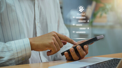Aufkleber - Business man using digital chatbot application Artificial Intelligence at home for online customer service. AI Chat Technology for Seamless Communication and Customer Engagement.