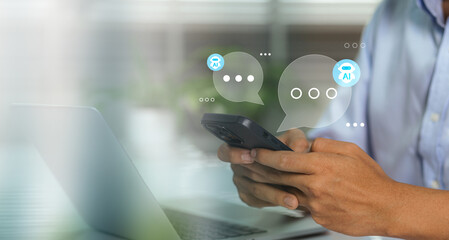Aufkleber - Business man using digital chatbot application Artificial Intelligence at home for online customer service. AI Chat Technology for Seamless Communication and Customer Engagement.