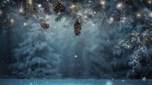 Copy Space With Christmas Scene With Pine Cones And Lights