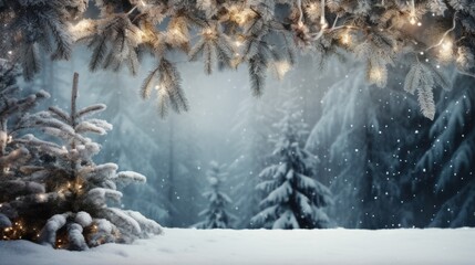 Poster - A snowy scene with a christmas tree in the foreground