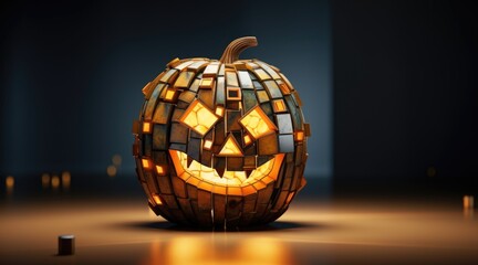 Canvas Print - A lit up halloween pumpkin sitting on a table