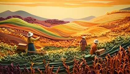 Quilling paper art of hardworking farmers plant crops in fields on colorful paper background