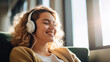Young woman wearing headphones enjoying music outside.