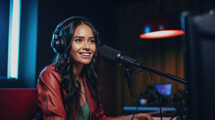 Wall Mural - Young woman records a podcast in her home office