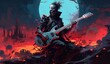 dragon age chronicles prequels, psychedelic rock guitarist, dark black and sky blue, concert poster, skeletal